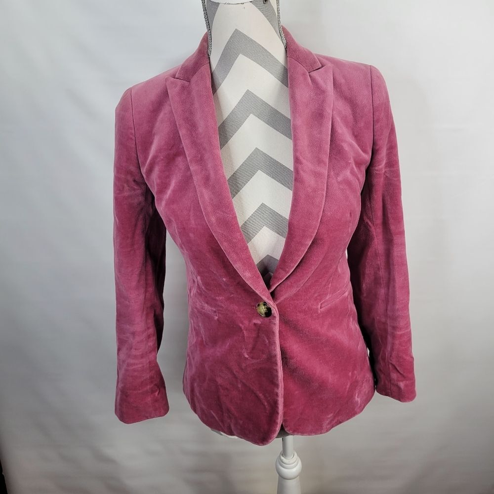 J Crew Dusty Pink Velvet Fitted 1 Button Jacket Cute Striped Lining Size 0 P